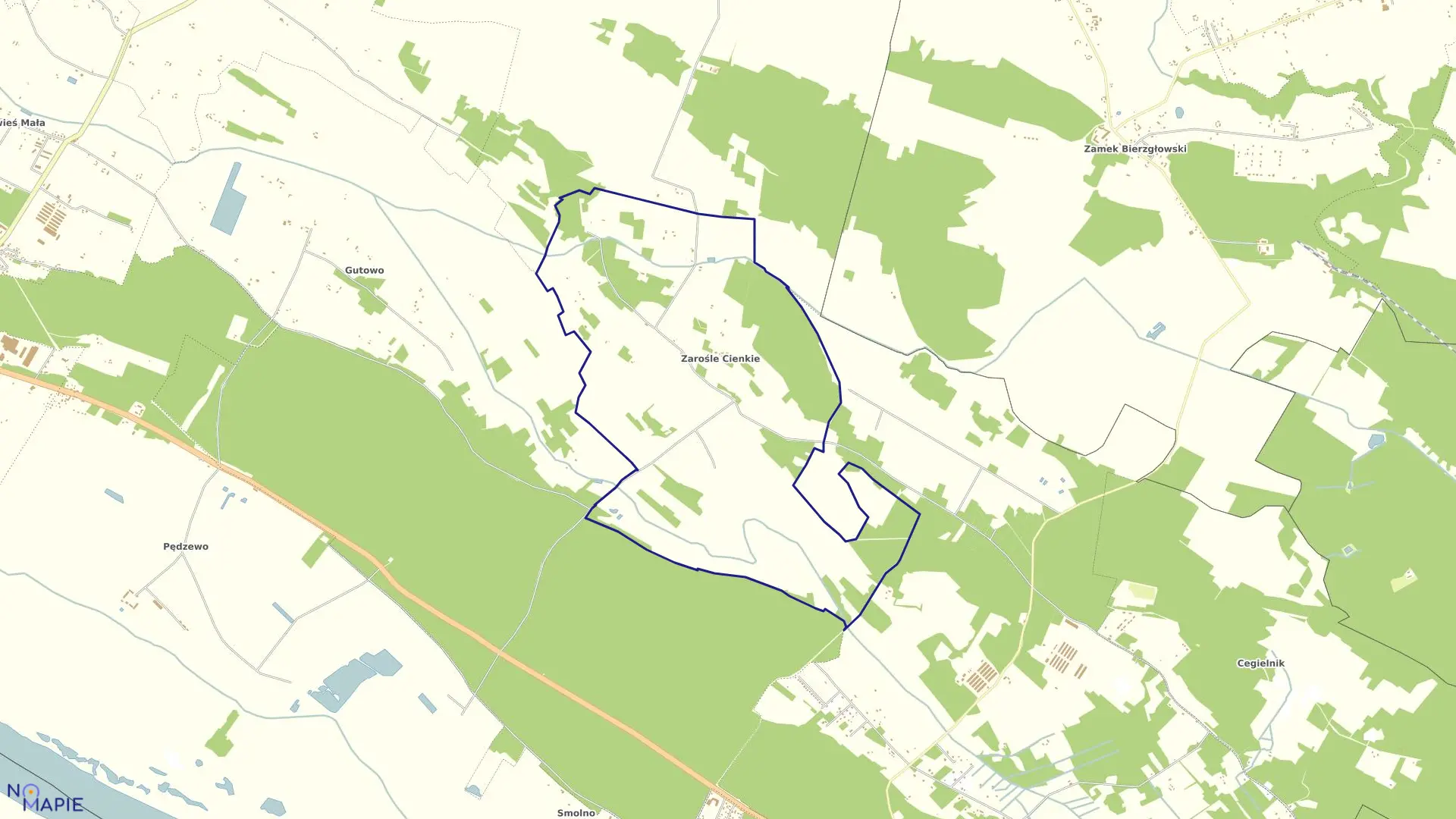 Mapa obrębu Zarośle Cienkie w gminie Zławieś Wielka